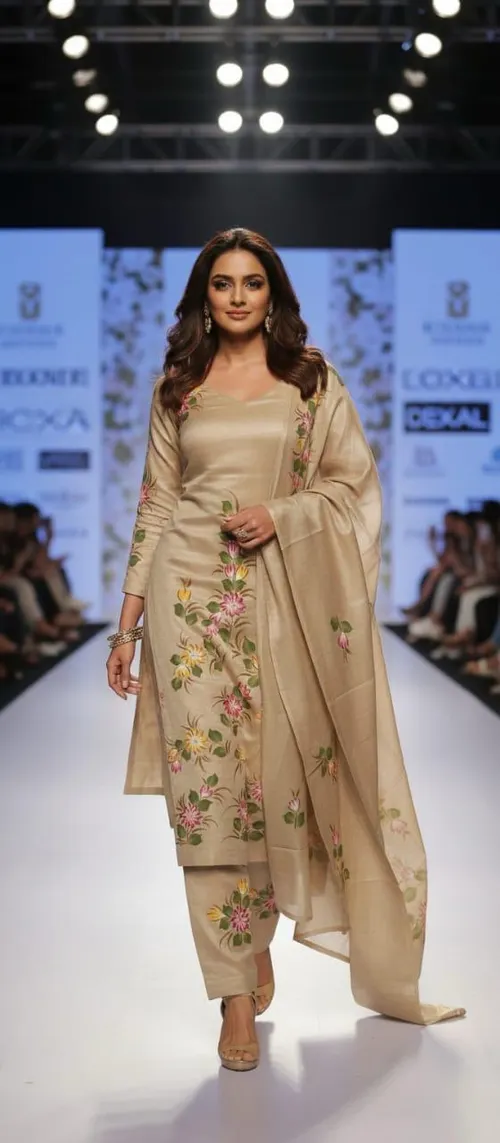 Premium Soft Slub Dupion Suit Piece with Artistic Floral Hand Print